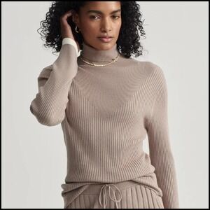 VARLEY Ravena Ribbed Knit High Neck Bell Sleeve Sweater Fungi Tan M Quiet Luxury